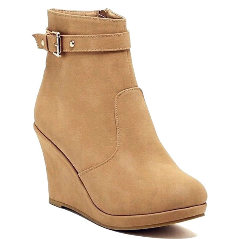 Ankle High Stud Buckled Strap Wedge Nubuck Booties